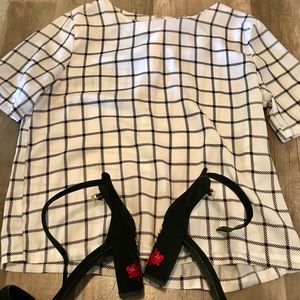 Black and white checked short sleeve blouse